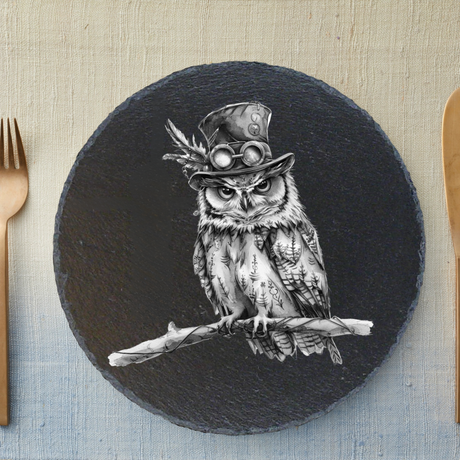 Round Natural Slate Placemat – 33cm (Steampunk Owl Engraving)