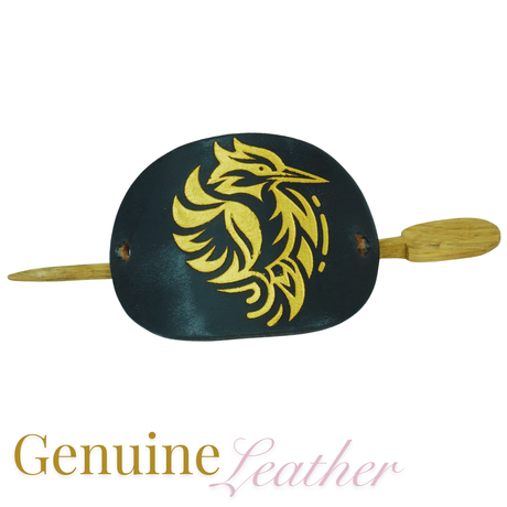 Leather Hair Barrette – Gold Kingfisher on Black Leather with Oak Stick