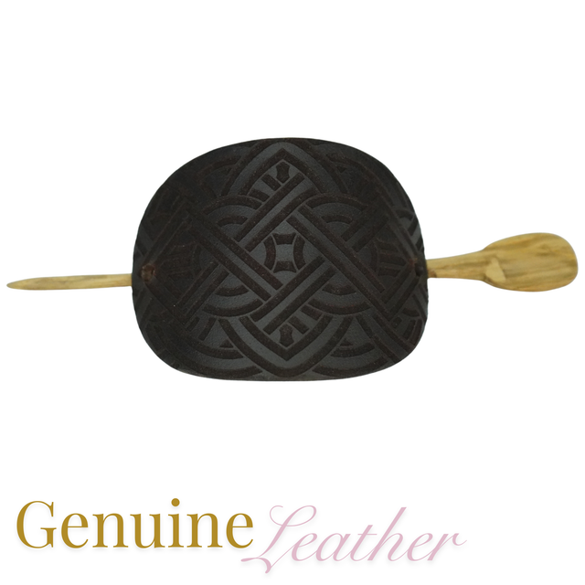 Leather Hair Barrette – Celtic Design on Black Leather with Oak Stick