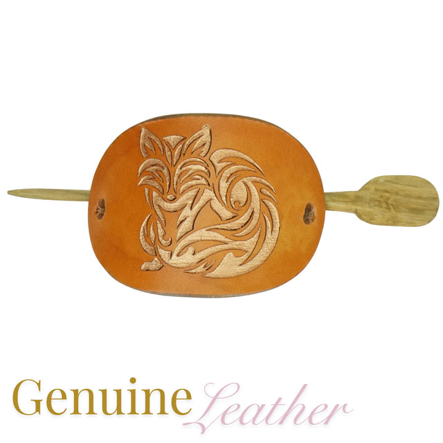 Handcrafted Leather Hair Barrette – Bronze Fox on Brown Leather with Oak Stick