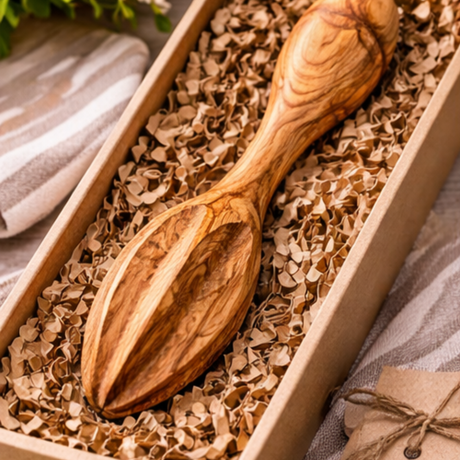 Wooden spoon in a box with brown packing material