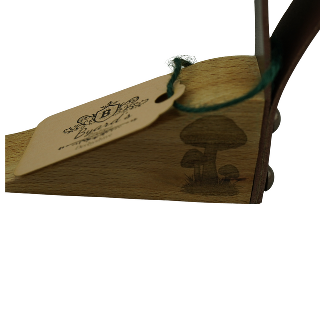 Oak Doorstop with leather handle and three mushrooms engraving