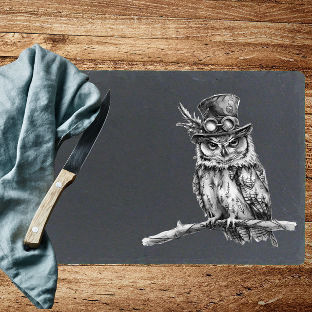 Rectangular Natural Slate Placemat & Platter – 30x20cm (Steampunk Owl Engraving)