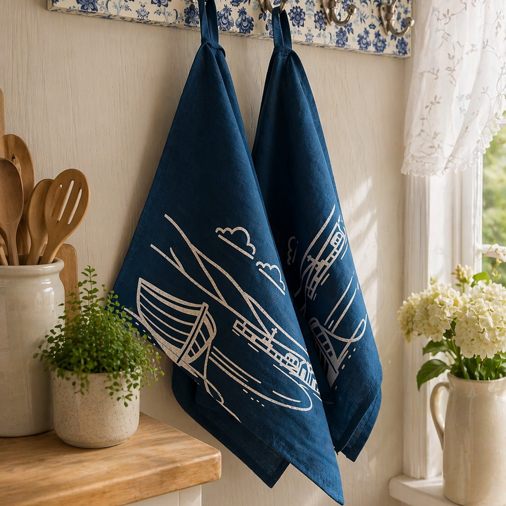 Set of 2 navy linen tea towels with white Fjære coastal design. 