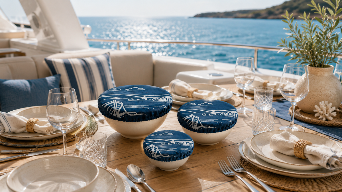 Blue printed linen bowl covers on an outdoor table overlooking the sea.