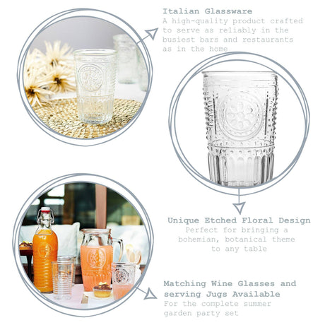 Glassware with unique pressed floral design on a white background