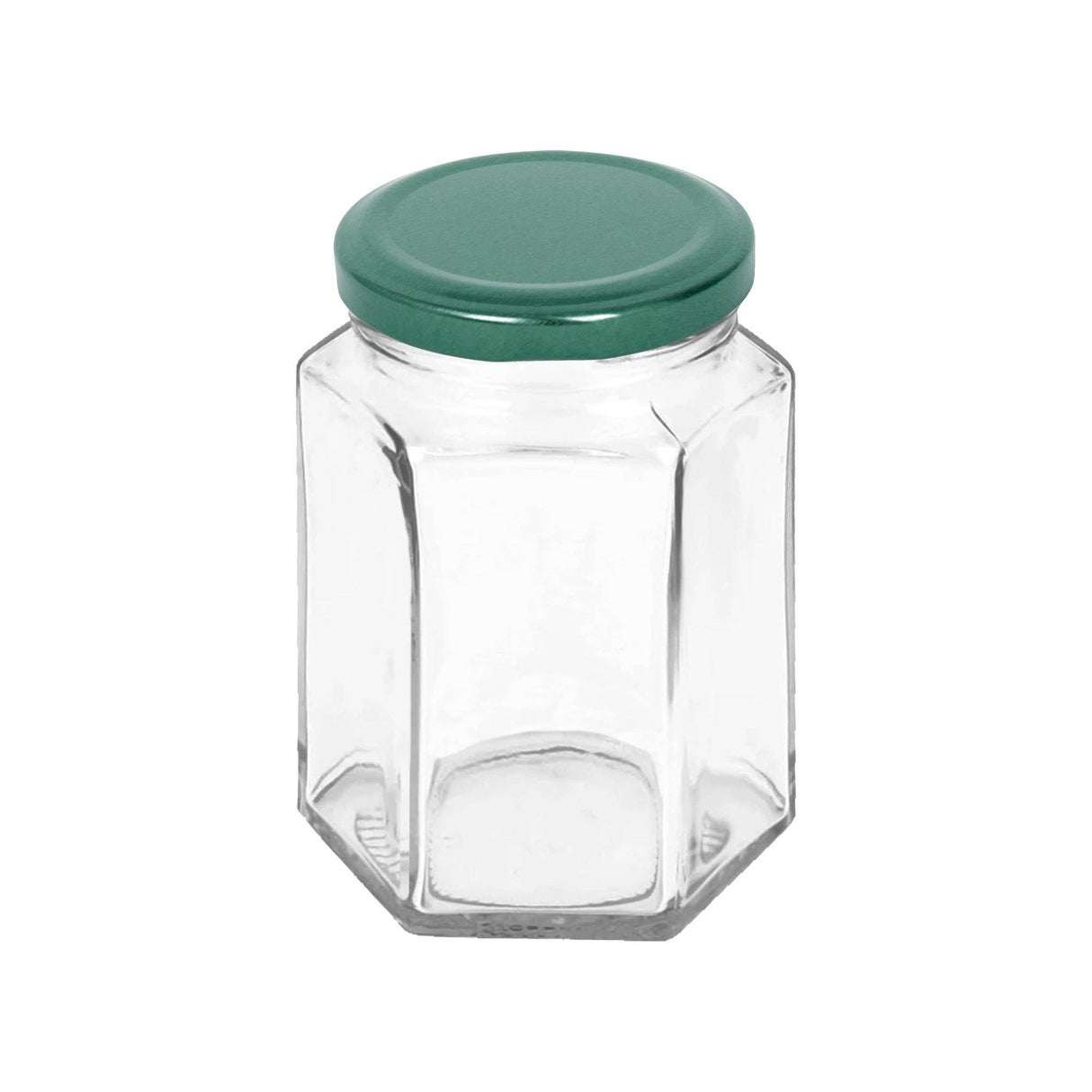 Clear hexagonal glass jar with a green lid on a white background