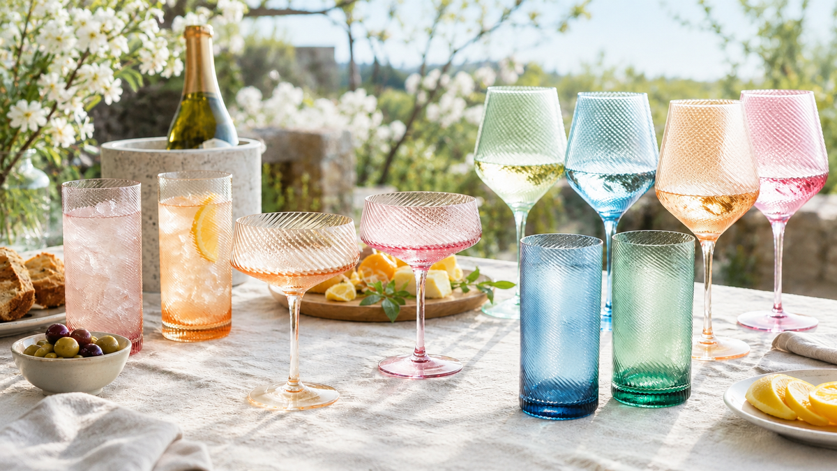 Coloured drinking glasses, wine glasses and bottles on a sunlit garden table.