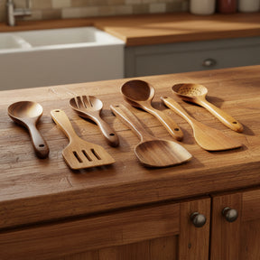 Set of wooden kitchen utensils including spoons and spatulas on a white background