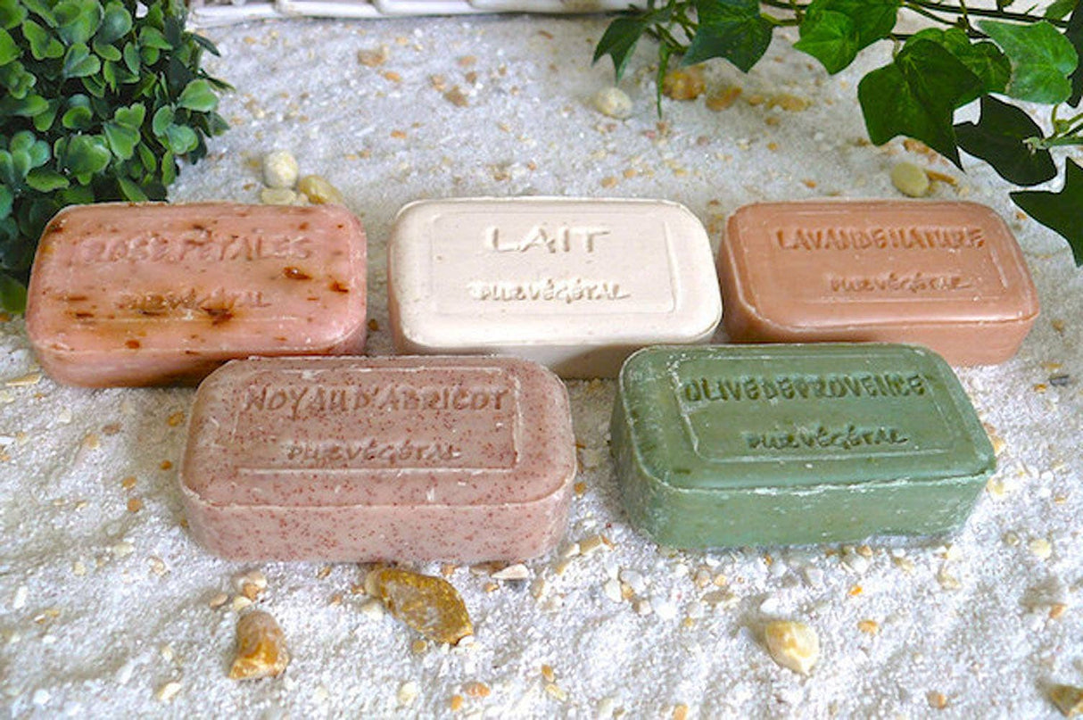 Five bars of soap in different colors on a textured surface with greenery.