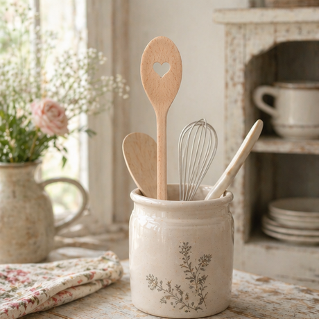 wooden spoons with heart designs on a rustic kitchen setting.