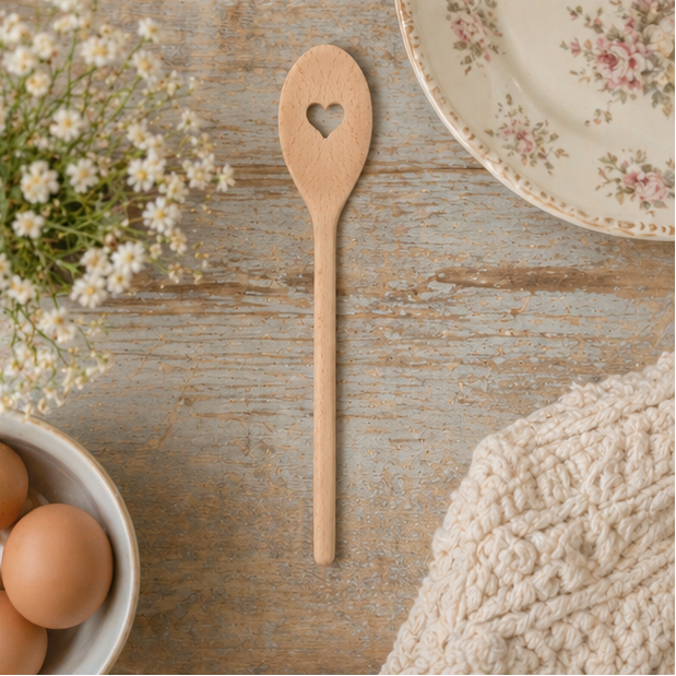 wooden spoons with heart designs on a rustic kitchen setting.