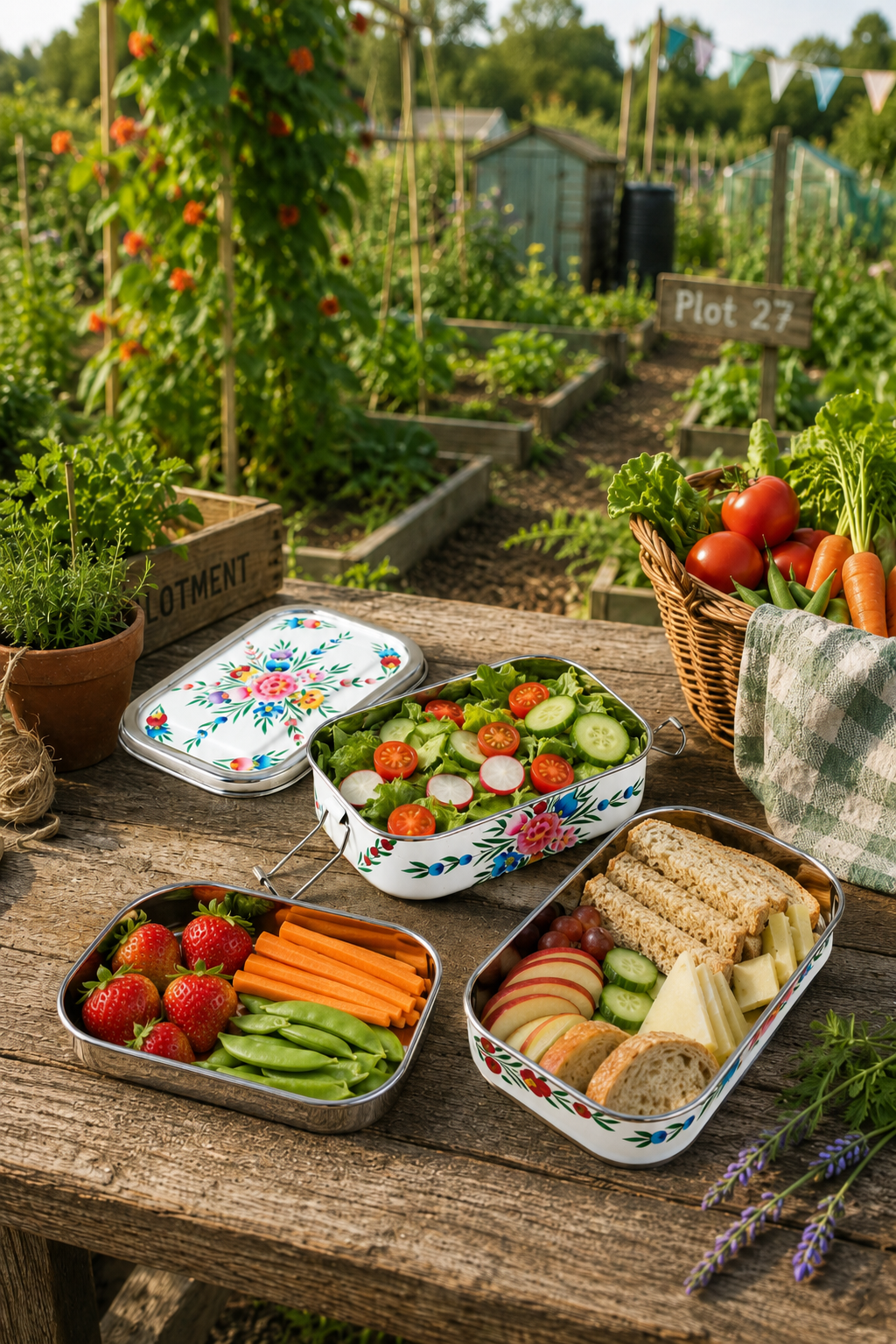 Outdoor setting with a table displaying various food items in containers, surrounded by a garden. White Floral Garland Hand Painted Stainless Steel Tiffin Lunch Box