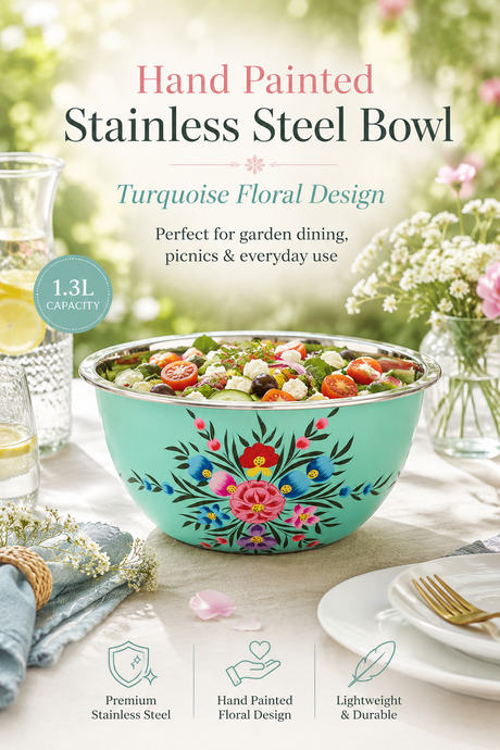 Turquoise floral design stainless steel bowl on a table with garden setting