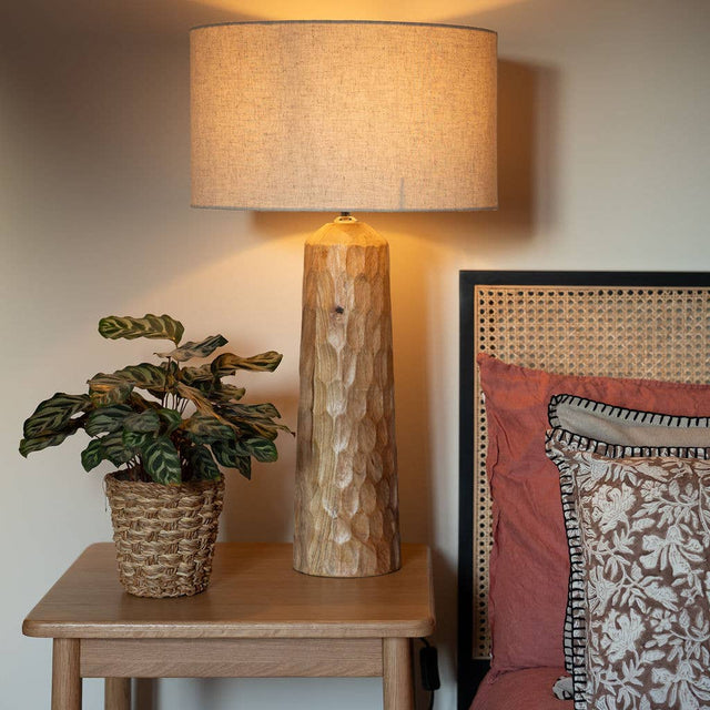 Siston Textured Wooden Table Lamp – Mango Wood with Linen Shade