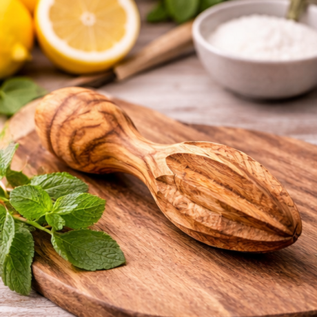 Wooden lemon squeezer on a wooden board with lemons and mint leaves in the background.