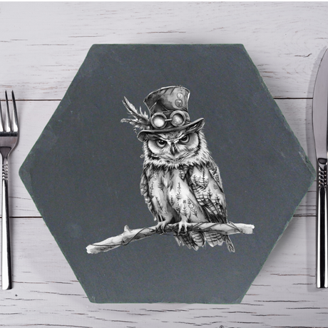 Hexagonal Natural Slate Placemat 26cm – Steampunk Owl Engraving