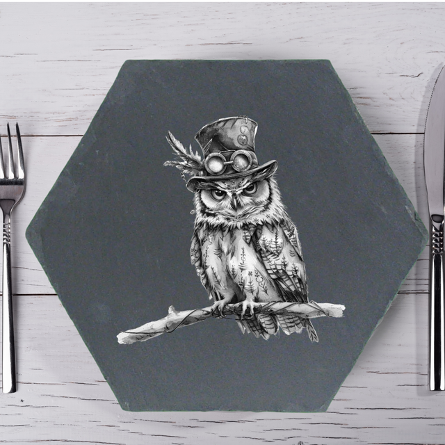 Hexagonal Natural Slate Placemat – 26cm (Steampunk Owl Engraving)