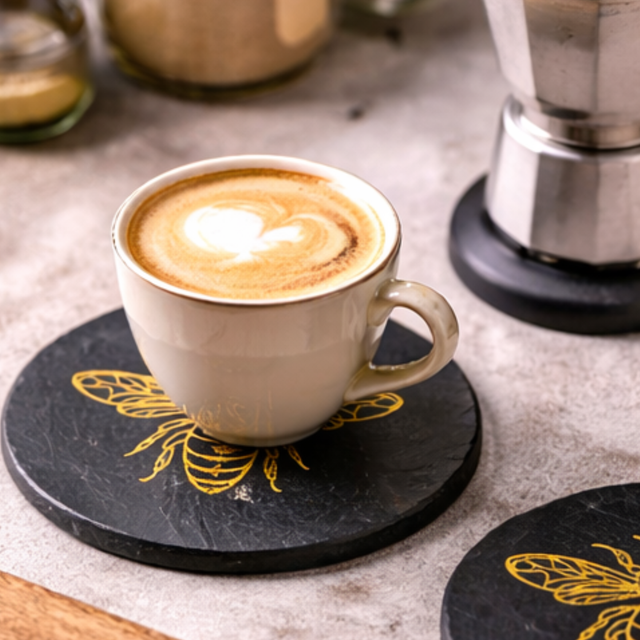 Cappuccino in a white cup on a decorative coaster with a coffee maker in the background.
