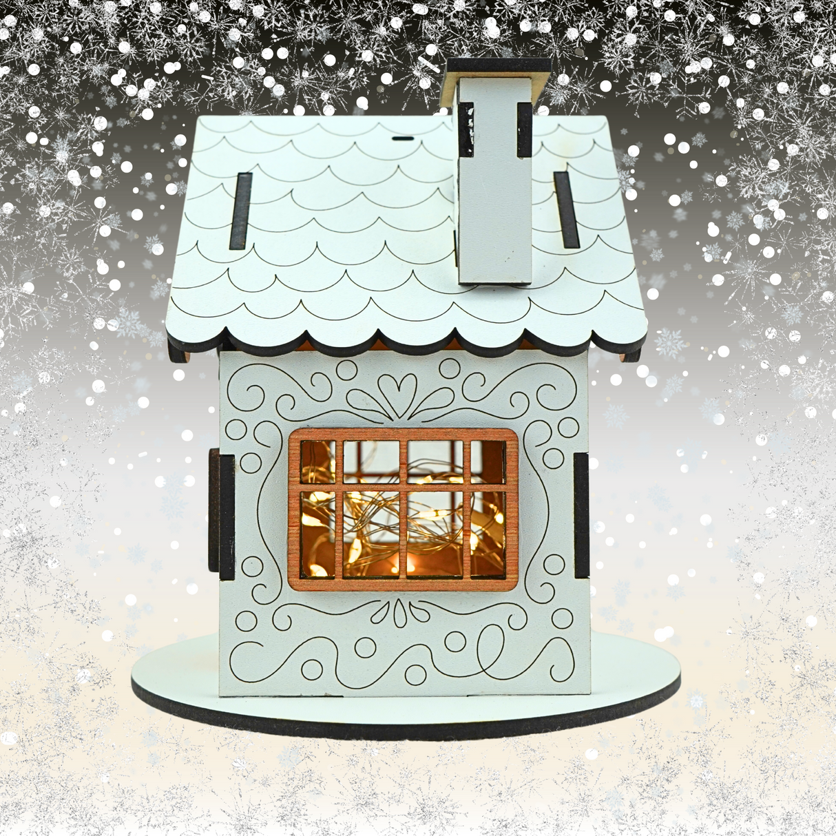 Wooden Christmas Gingerbread House for LED Candle Light - White House with Wooden detail