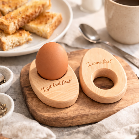 Wooden egg holders with humorous inscriptions on a breakfast table.
