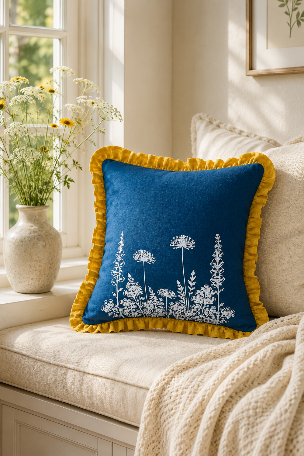 Blue pillow with yellow trim on a beige couch next to a window with flowers. Florilegium Blue Ruffle Linen Cushion Cover – 55cm x 55cm