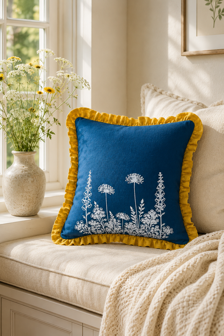 Blue pillow with yellow trim on a beige couch next to a window with flowers. Florilegium Blue Ruffle Linen Cushion Cover – 55cm x 55cm