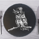 Round Natural Slate Placemat 33cm – Steampunk Owl Engraving