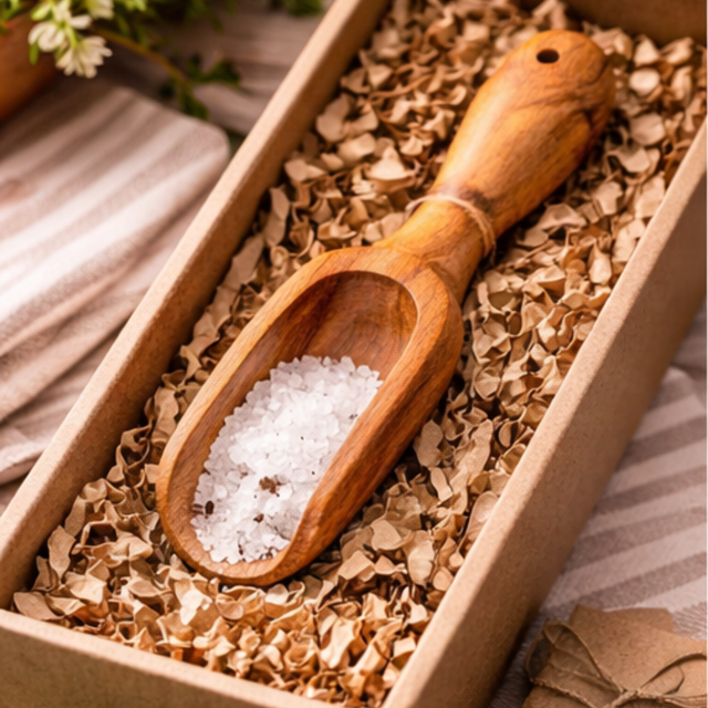 Wooden scoop filled with white grains in a box with crumpled paper