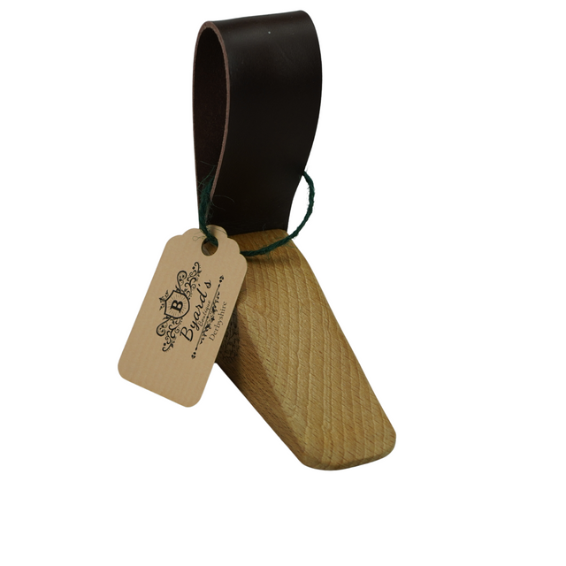 Oak Doorstop with leather handle and botanical detailing