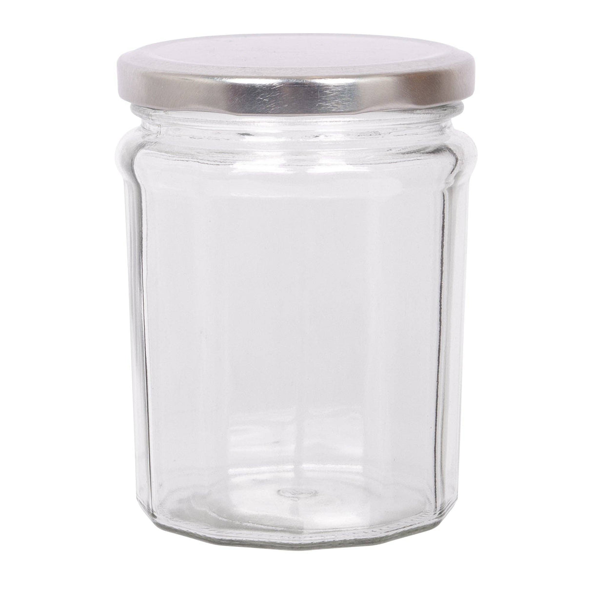 Clear glass jar with a silver metal lid on a white background