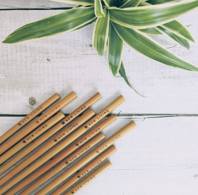 Bamboo straws with 'New Living' branding on a white surface with a plant.