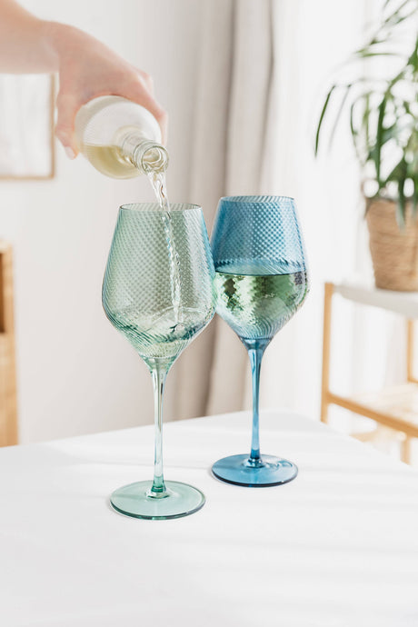 Twist Coloured Wine Glasses Set of 2 – Blue & Green Handmade 550ml Glasses