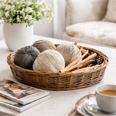 Wicker basket used for various purposes including holding candles, lemons, books, and remote controls.