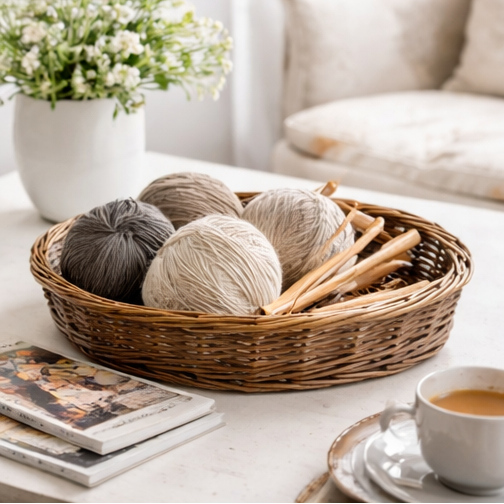 Wicker basket used for various purposes including holding candles, lemons, books, and remote controls.
