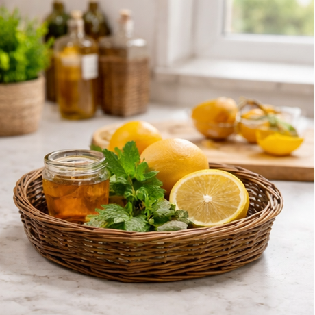 Wicker basket used for various purposes including holding candles, lemons, books, and remote controls.