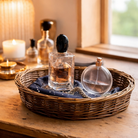 Wicker basket used for various purposes including holding candles, lemons, books, and remote controls.