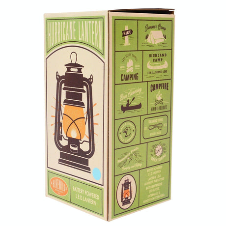 Box packaging of a hurricane lantern with green and beige design