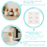 Set of 3 glass jars with cork lids and 6 sticker labels for kitchen storage.