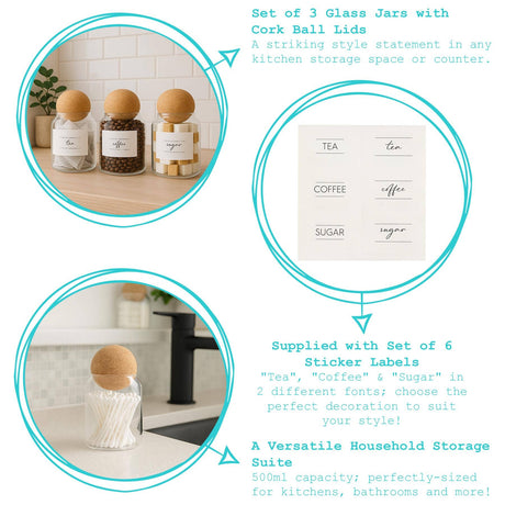 Set of 3 glass jars with cork lids and 6 sticker labels for kitchen storage.