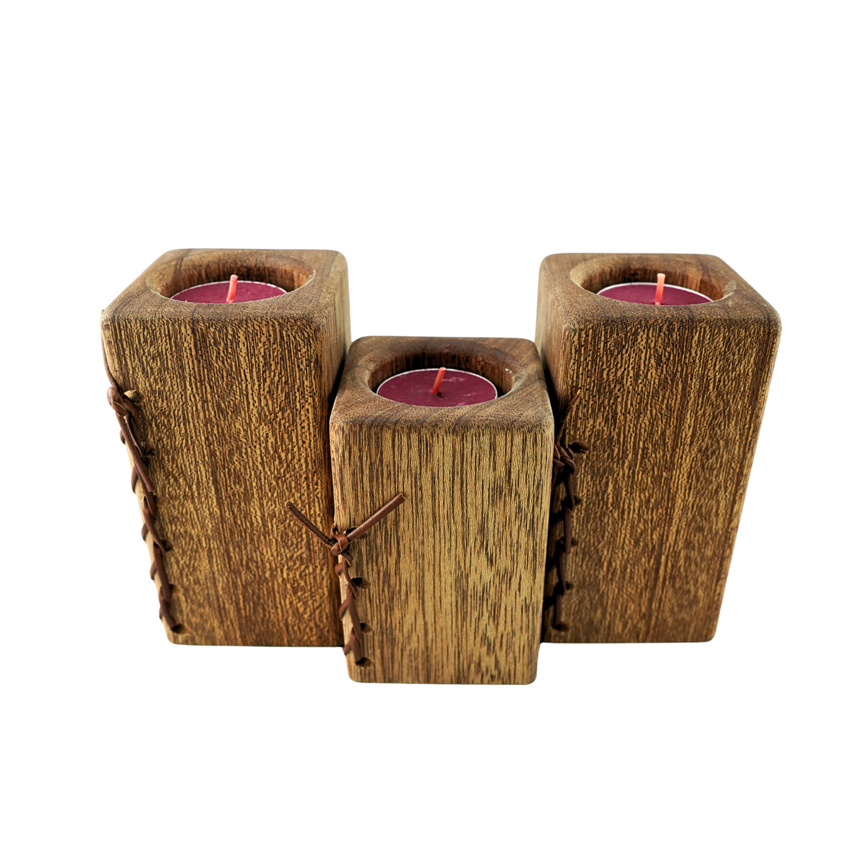 Three Oak Pillar Tea Candle Holders with leather lace detail