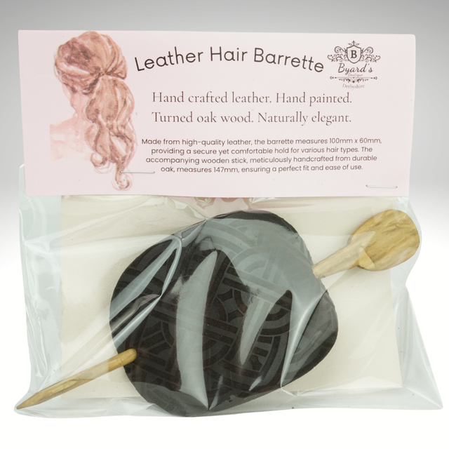 Leather Hair Barrette – Celtic Design on Black Leather with Oak Stick