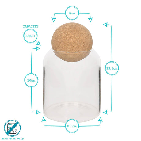 Measurement chart of a glass container with cork lid on a white background