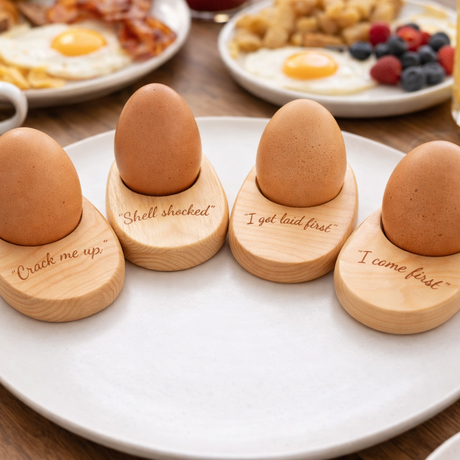 Four wooden egg holders with humorous inscriptions on a plate with breakfast items in the background.