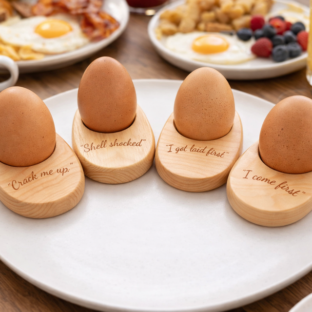 Four wooden egg holders with humorous inscriptions on a plate with breakfast items in the background.