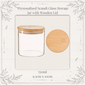 550ml Personalised Scandi Glass Storage Jar with Wooden Lid on a decorative background