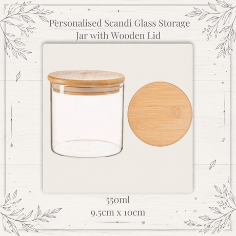 550ml Personalised Scandi Glass Storage Jar with Wooden Lid on a decorative background