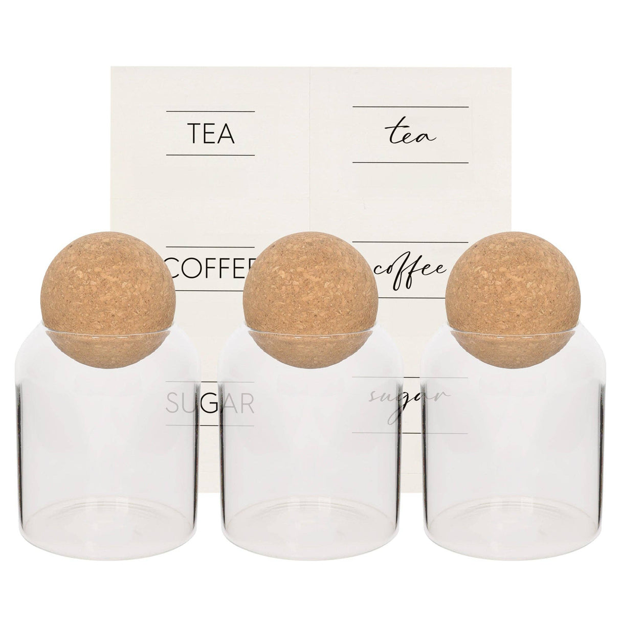 Set of three glass jars with cork lids labeled 'Tea', 'Coffee', and 'Sugar' on a white background.
