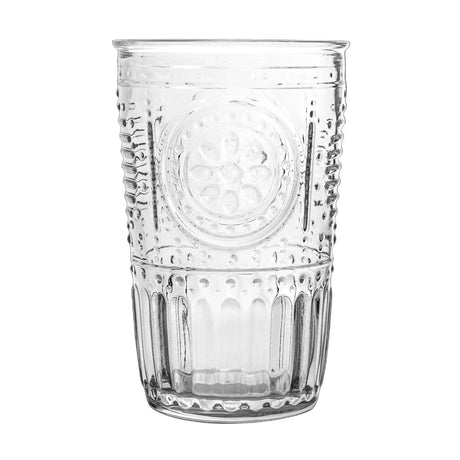 Clear glass tumbler with decorative pattern on a white background