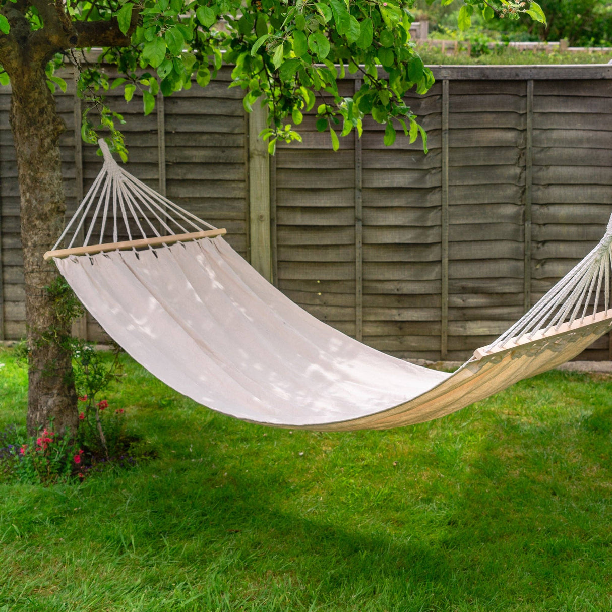 Beige hammock hanging between trees in a garden with a wooden fence in the background.